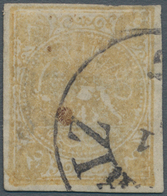 Iran: 1876, Lion Issue 4 Kr. Yellow, Laid Paper, Tied By "TABRIZ" Part Cds., Wide Margins On Three S - Iran