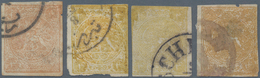 Iran: 1876, Lion Issue 4 Kr. Yellow, Four Used Stamps Showing All Types, Good To Touched Margins, Mi - Iran