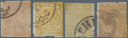 Iran: 1876, Lion Issue 4 Kr. Yellow, Four Used Stamps Showing All Types, Good To Touched Margins, Mi - Irán