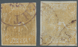 Iran: 1876, Lion Issue 4 Kr. Yellow, Two Used Stamps, Type A & B, Good Margins, Fine Pair - Iran