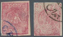 Iran: 1876, Lion Issue, 1ch. Carmine, Types A (colour Blur)+B, Two Postally Used Copies, Signed Sadr - Iran