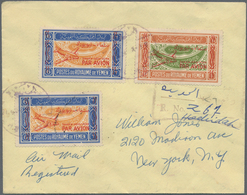 Jemen: 1947, 2 X 6 B Blue/orange And 10 B Brown/green, Each With Red Overprint "SANA'A - NEW YORK / - Jemen