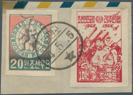 Korea-Nord: 1954, PA 6th Anniversary 10 W. Red Imperforated With 1953 4th World Youth Games 20 W. Im - Korea, North