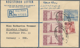 Kuwait: 1960, Stationery Registered Envelope Uprated With 1 Rupee, Strip Of Three And 10 NP Sent Fro - Koeweit