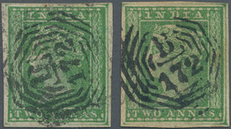 Malaiische Staaten - Straits Settlements: 1854, Two Singles Of India 2a. Yellow-green Used In Singap - Straits Settlements