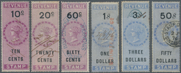 Malaiische Staaten - Straits Settlements: 1874 REVENUES: Six Used QV Revenue Stamps, With 10c, 20c A - Straits Settlements