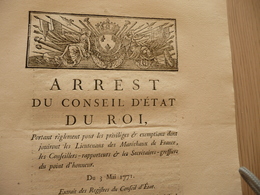 Maréchaux De France Arrest  Du Roi 03/05/1771 Privilèges Exemptions  Lieutenants Maréchaux De France 3p - Décrets & Lois