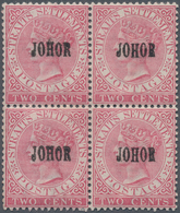 Malaiische Staaten - Johor: 1884-91 QV 2c. Rose Optd. "JOHOR" Type 13, Block Of Four, Mint With Thin - Johore