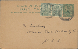 Malaiische Staaten - Johor: 1935 (9.2.), Sultan Sir Ibrahim 2c. Green Horiz. Pair On 2c. Stat. Postc - Johore