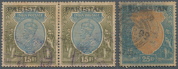 Pakistan: 1947 Local "PAKISTAN" Overprint On KGV. 15r. Pair And 25r., All Used, The 15r. Pair With D - Pakistán