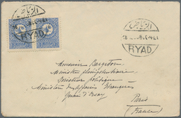 Saudi-Arabien: 1933. Envelope Addressed To France Bearing Saudi SG 312, 1½g Blue (pair) Tied By Bili - Arabia Saudita