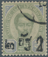 Thailand: 1891, King Chulalongkorn 3 Atts Green/ Blue With New Double Overprint 1 Att Overstamped 2 - Tailandia