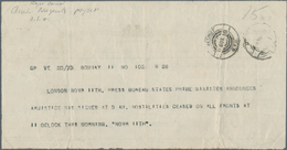 Thematik: Politik / Politics: 1918, World War I. Indian Telegram Annoncing END OF WAR "... Hostiliti - Sin Clasificación