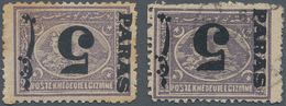 Ägypten: 1879 Provisionals: Two Singles Of 5pa. On 2½pi. Violet Both With SURCHARGE INVERTED, One Pe - 1866-1914 Khedivaat Egypte