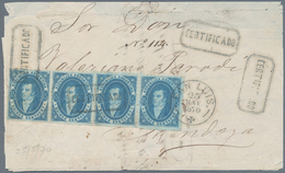 Argentinien: 1864 'Rivadavia' 15c. Blue, Sharp Impression, Horizontal Strip Of Four Used On Register - Autres & Non Classés