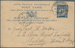 Neusüdwales: 1898 (9.2.), REPLY HALF Of Stat. Postcard 1½d. Blue Commercially Used From BREMERHAVEN - Briefe U. Dokumente