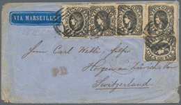 Victoria: 1865, QV 6 D. Black (5) Tied Oval Bar "27" To Small Envelope With Emboss "via Marseilles" - Storia Postale