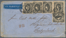 Victoria: 1865, QV 6 D. Black (5) Tied Oval Bar "27" To Small Envelope With Emboss "via Marseilles" - Lettres & Documents