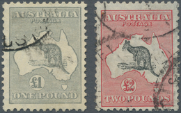 Australien: 1934/1935, Kangaroos £1 Grey And £2 Black And Rose With CofA Wmk. Both Used With Little - Autres & Non Classés