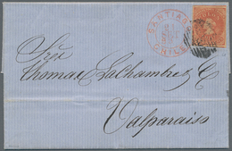 Chile: 1853-56, Colon 5 C. Orangered Colorful With 4 Large Margins On A Cmplete Cover 1864 To Valpar - Chile