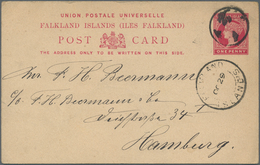 Falklandinseln - Ganzsachen: 1892 Postal Stationery Card 1d. Carmine Used From Port Stanley To Hambu - Falkland Islands