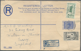 Falklandinseln - Ganzsachen: 1955 (ca.). Registered KGVI Postal Stationery Envelope 4d Blue Upgraded - Falkland