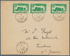 Fezzan: 1950, 5fr. Bright Green, Horiz. Pair And Single Stamp (few Marks/toned Perfs), Multiple Fran - Storia Postale