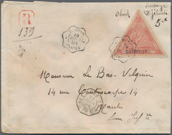 Französische Somaliküste: 1894 "DJIBOUTI" Handstamp In Blue On Obock Triangle 5fr. Red Used On Regis - Ungebraucht