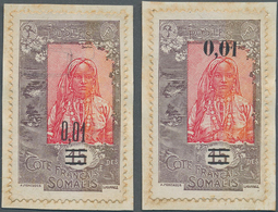 Französische Somaliküste: 1922, Revaluation Overprints, 0.01 On 15c. Brownish Lilac/red, Two Differe - Nuovi