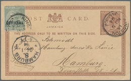 Jamaica: 1877, Stationery Card 1/2 D. Red-brown Upated "OFFICIAL"1/2 D. Green Sent From "KINGSTON NO - Jamaica (1962-...)
