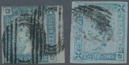 Mauritius: 1859 'Lapirot' 2d. Blue Two Singles, One Of Intermediate Impression, The Other Of Worn Im - Mauritius (...-1967)