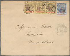 Mauritius: 1901, 4c. On 18c. Dull Blue Postal Stationery Envelope Used Uprated With Strip Of Three 4 - Mauritius (...-1967)