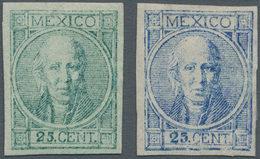 Mexiko: 1868, 25 C. Hidalgo, Two Proofs Green And Ultramarin On Thin Paper (Bash No. 266/267). Tiny - Mexiko