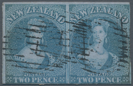 Neuseeland: 1855-58 'Chalon Head' 2d. Blue On Blue Paper W/o Watermark, Horizontal Pair Used And Can - Andere & Zonder Classificatie