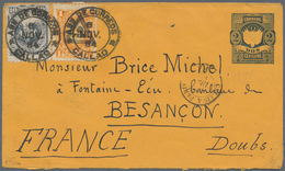 Peru: 1884 Postal Stationery Envelope 2c. Deep Blue On Yellow Used From Callao To Besançon, France V - Peru