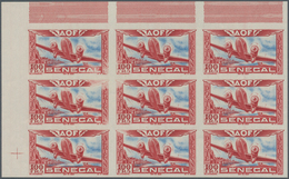 Senegal: 1942, Airmail Issue 100fr. Carmine/blue (starting Airplane) In An IMPERFORATE Block Of Nine - Other & Unclassified