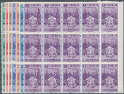 Venezuela: 1951, Coat Of Arms 'CARABOBO‘ Normal Stamps Complete Set Of Seven In Blocks Of 15 From Ri - Venezuela