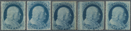 Vereinigte Staaten Von Amerika: 1857, 1c. Blue Five Mint Stamps Showing Types And Color Shades, Few - Sonstige & Ohne Zuordnung