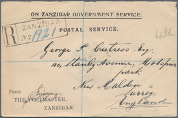Zanzibar: 1930. Registered Stamp-less Official Mail Envelope Addressed To England Headed 'On Zanziba - Zanzibar (...-1963)