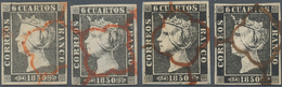 Spanien: 1850, Isabella II In Quare Frame 6 Centavos Black, Four Values With Cancels In Different Sh - Other & Unclassified
