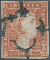 Spanien: 1850, 5 R Red With Black Spyder Postmark, All Margins, Low Repaired, Scarce ÷ 1850, 5 Reale - Sonstige & Ohne Zuordnung