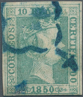 Spanien: 1850, 10 Reales Green, Type 23, With Scarce Spider Cancel In Blue, Slightly Repaired, Very - Other & Unclassified