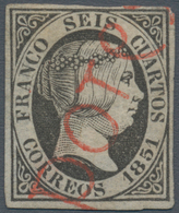 Spanien: 1851, 6cs. Black, Fresh Colour And Full Margins, Clearly Oblit. By Red Straight Line "POTES - Other & Unclassified
