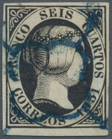 Spanien: 1851, 6cs. Black, Fresh Colour, Full To Wide Margins, Clearly Oblit. By Blue "arana", Signe - Autres & Non Classés