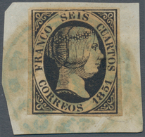 Spanien: 1850, 6cs. Black, Fresh Colour And Full Margins All Around, On Piece Oblit. By Blue Pre-phi - Other & Unclassified