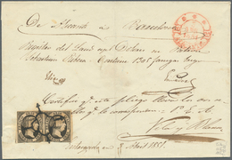 Spanien: 1851, 6 Cuartos Black Cover (crease), Horizontal Pair (lower Margins Touched), Tied By Blac - Other & Unclassified