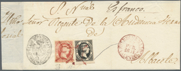 Spanien: 1851, 6 Cuartos Black And 5 Reales Red, Each Good Margins, Tied By Red Spider Cancel, Mixed - Sonstige & Ohne Zuordnung