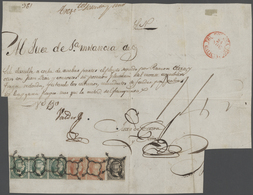 Spanien: 1851, 6 Cuartos Black, 2 Reales Red, Horizontal Pair And 10 Reales Green, Horizontal Strip - Other & Unclassified