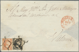 Spanien: 1851, 6 Cuartos Black And 2 Reales Red-orange, Even To Full Margins, Tied By Black Spider C - Other & Unclassified