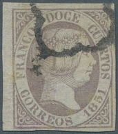 Spanien: 1851, 12 Cs. Lilac From The Left Sheet Margin, Clear Cancel, Cert. Exfima ÷ 1851, 12 Cuarto - Sonstige & Ohne Zuordnung
